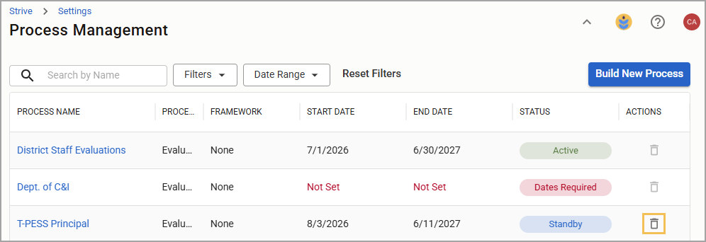 Process management interface displaying the ability to delete a process.